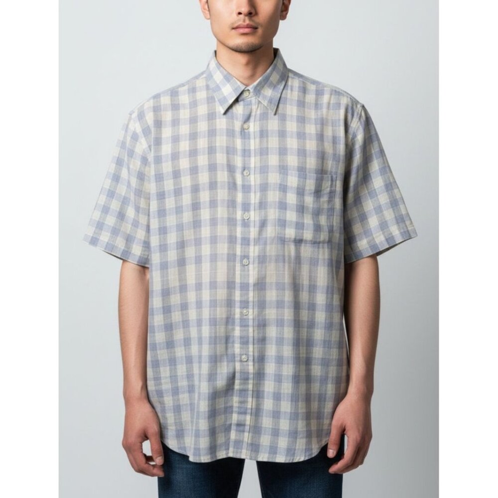 Arnold Palmer Mens Plaid Short-Sleeve Button-Up Shirt Size M Light Blue & White